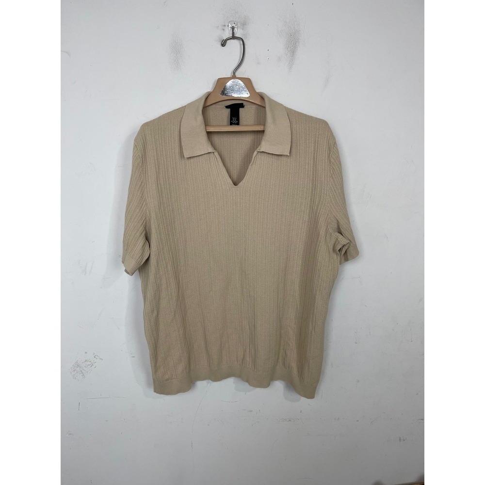 HM Mens Regular Fit Knit Polo Shirt Beige Tan Ribbed V-Neck Short Sleeve XL‎